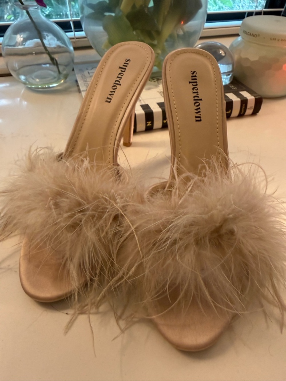 superdown Beige Feather Trim Stiletto Mules - Picture 2 of 3